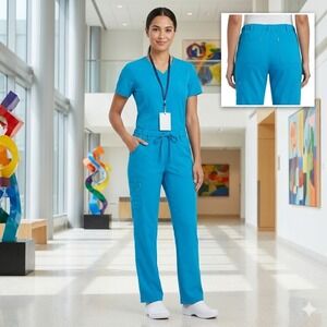 Koi Sapphire Women Small Blue Cargo Scrub Pants Drawstring Elastic Waist HT10784